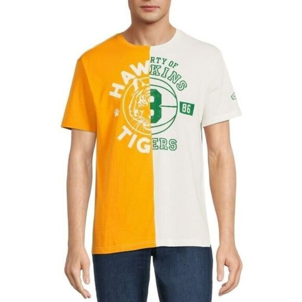 Stranger Things Hawkins Tigers T-Shirt Mens Split Panel Graphic Yellow White XL